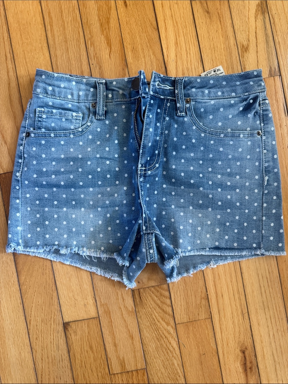 Polka Dot High-Rise Denim Shorts - Blue Size 25 or 1